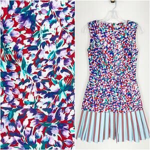 SUNO | Floral + Striped Print Mini‎ Dress Red Blue Pleated Sleeveless Size 2